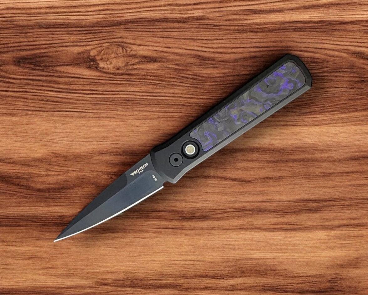 Pro-Tech-Pro-Tech 7214.Violet.CF.20CV Godson AUTO - Violet Marble Carbon Fiber Inlay Handles - DLC Satin 20CV Blade - Black Lip Pearl Button-2-Urban Cutlery