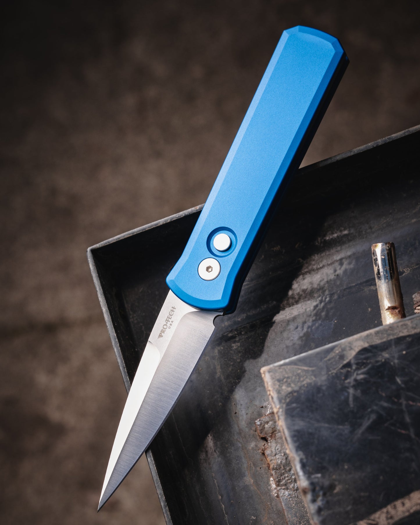 Pro-Tech-Pro-Tech 721.Satin.Blue Godson AUTO - Solid Dark Blue Handles - Satin 154CM Blade-1-Urban Cutlery