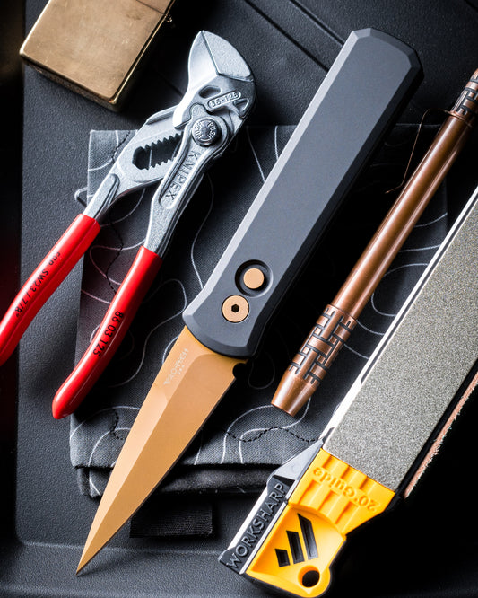 Pro-Tech-Pro-Tech 721.TAN Godson AUTO - Solid Black Handles - Tan PVD 154CM Blade - Matching Tan PVD Hardware-1-Urban Cutlery