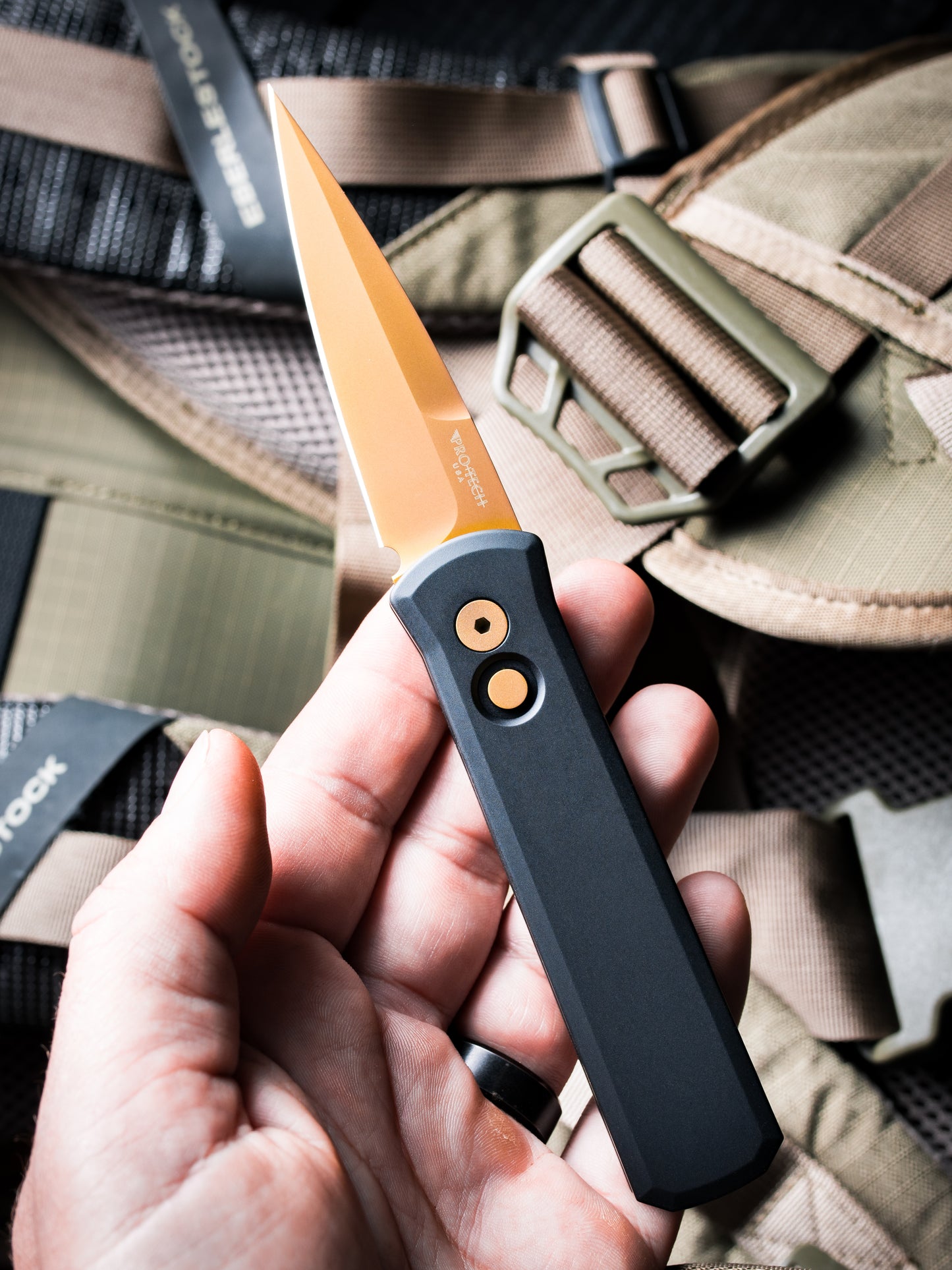 Pro-Tech-Pro-Tech 721.TAN Godson AUTO - Solid Black Handles - Tan PVD 154CM Blade - Matching Tan PVD Hardware-2-Urban Cutlery