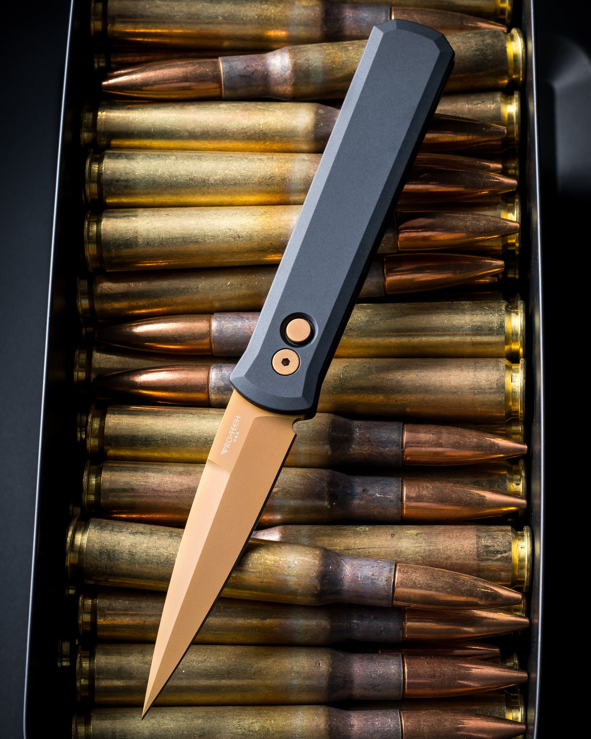Pro-Tech-Pro-Tech 921.TAN Godfather - Black Handles - Tan PVD 154CM Blade - Matching Tan Hardware-1-Urban Cutlery