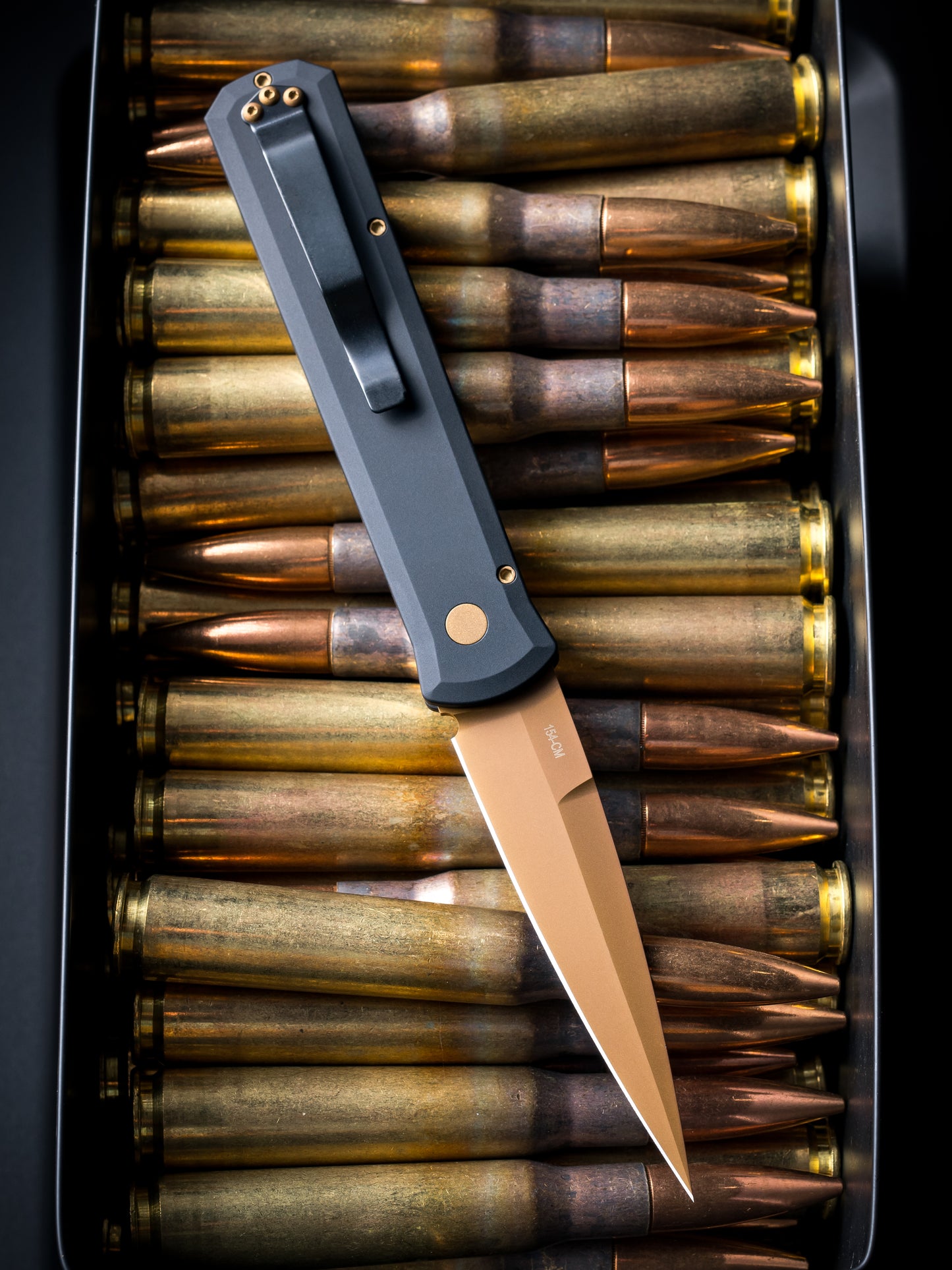 Pro-Tech-Pro-Tech 921.TAN Godfather - Black Handles - Tan PVD 154CM Blade - Matching Tan Hardware-2-Urban Cutlery