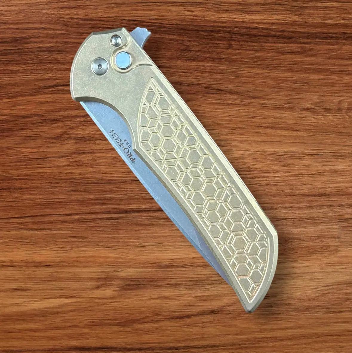 Pro-Tech-Pro-Tech AlBronze Gridlock Mordax - "Gridlock" Handle - Stonewash S45vn Blade - Black Lip Pearl Push Button - Blasted Mini Deep Carry Clip-5-Urban Cutlery