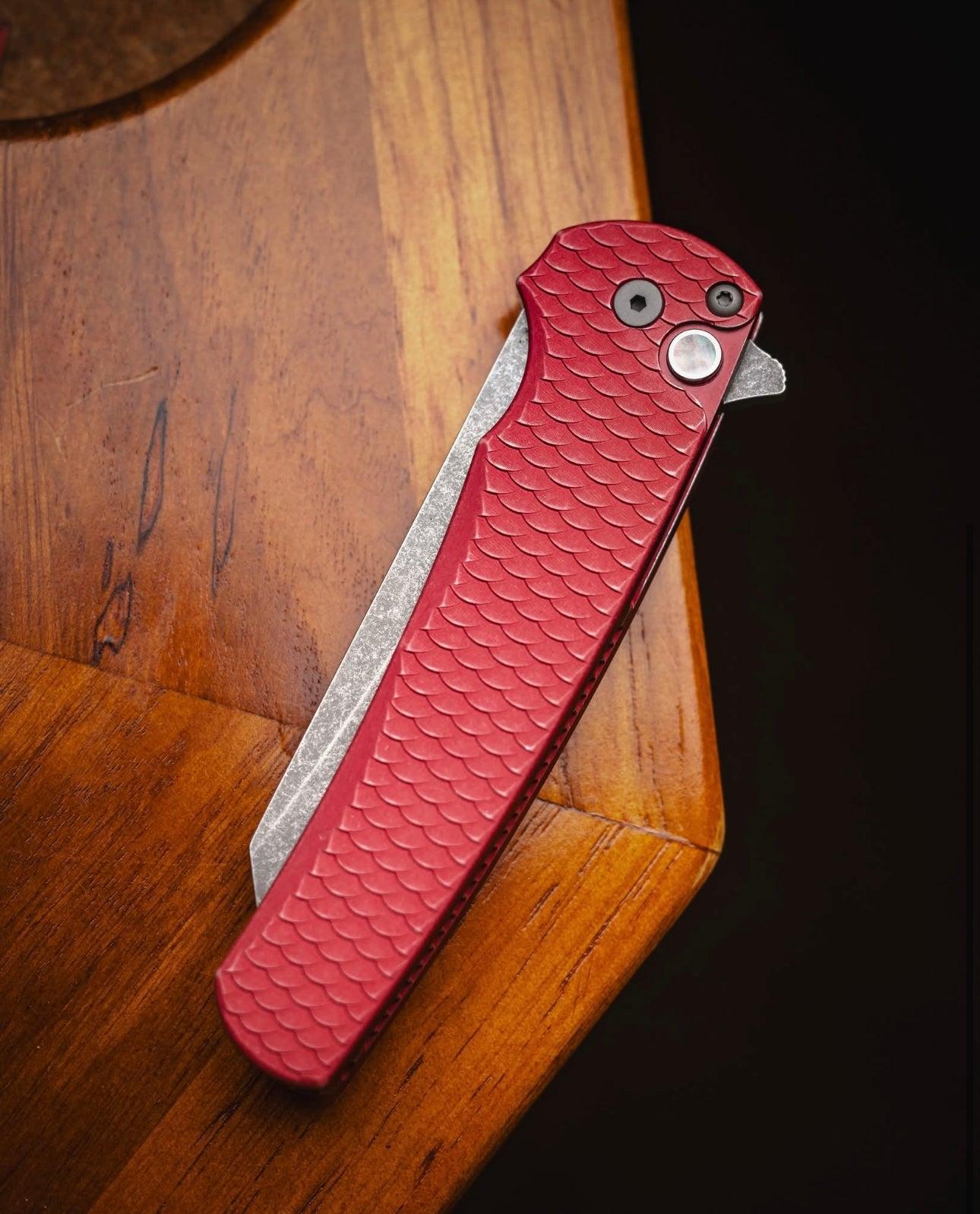 Pro-Tech-Pro-Tech BSA25 Malibu - Battle Worn Red "Dragon Scale" Handle - Acid Washed Reverse Tanto Magnacut Blade - Black Lip Pearl Button /215-2-Urban Cutlery