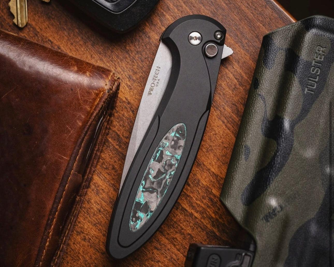 Pro-Tech-Pro-Tech BSA25.Cambria.1 Cambria - Black 6061 Aluminum Handles with TechnoCarbo Teal Inlay - Stonewash Magnacut Blade - Black Lip Button - Satin Hardware /180-1-Urban Cutlery