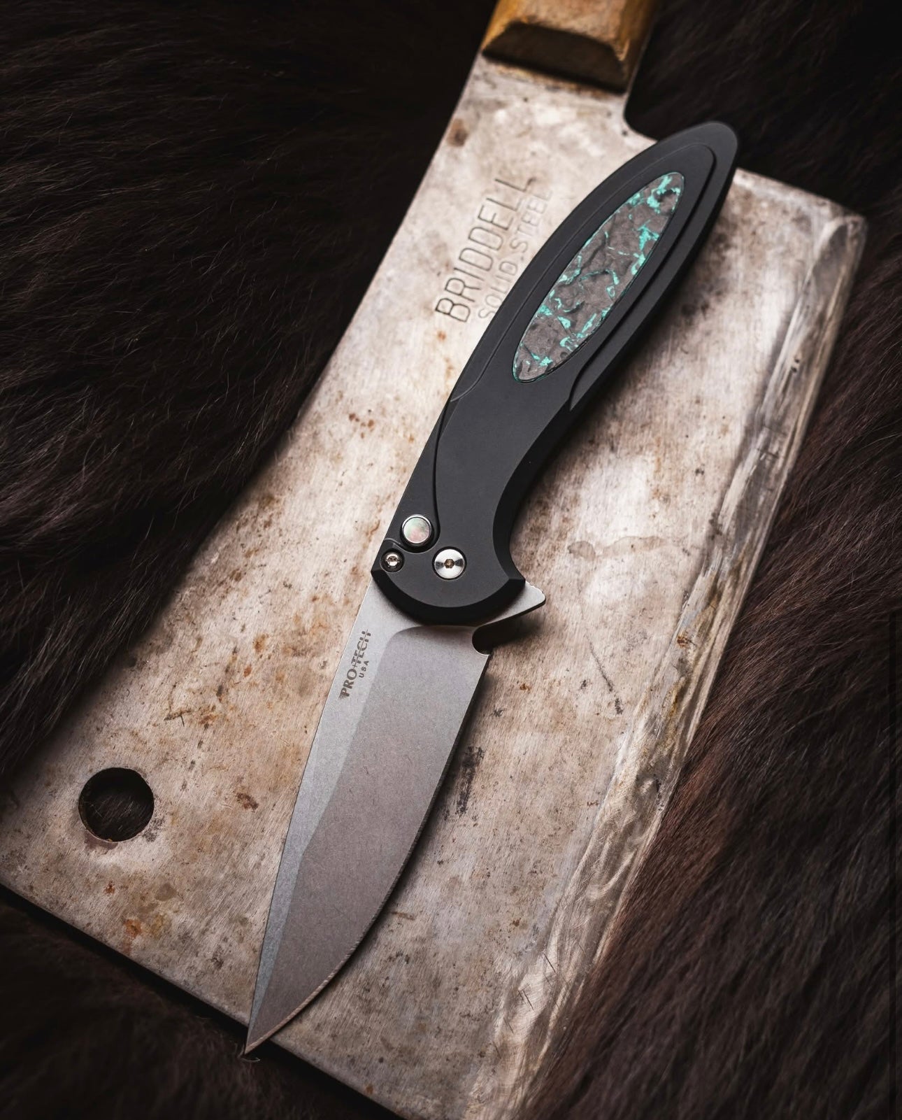 Pro-Tech-Pro-Tech BSA25.Cambria.1 Cambria - Black 6061 Aluminum Handles with TechnoCarbo Teal Inlay - Stonewash Magnacut Blade - Black Lip Button - Satin Hardware /180-3-Urban Cutlery