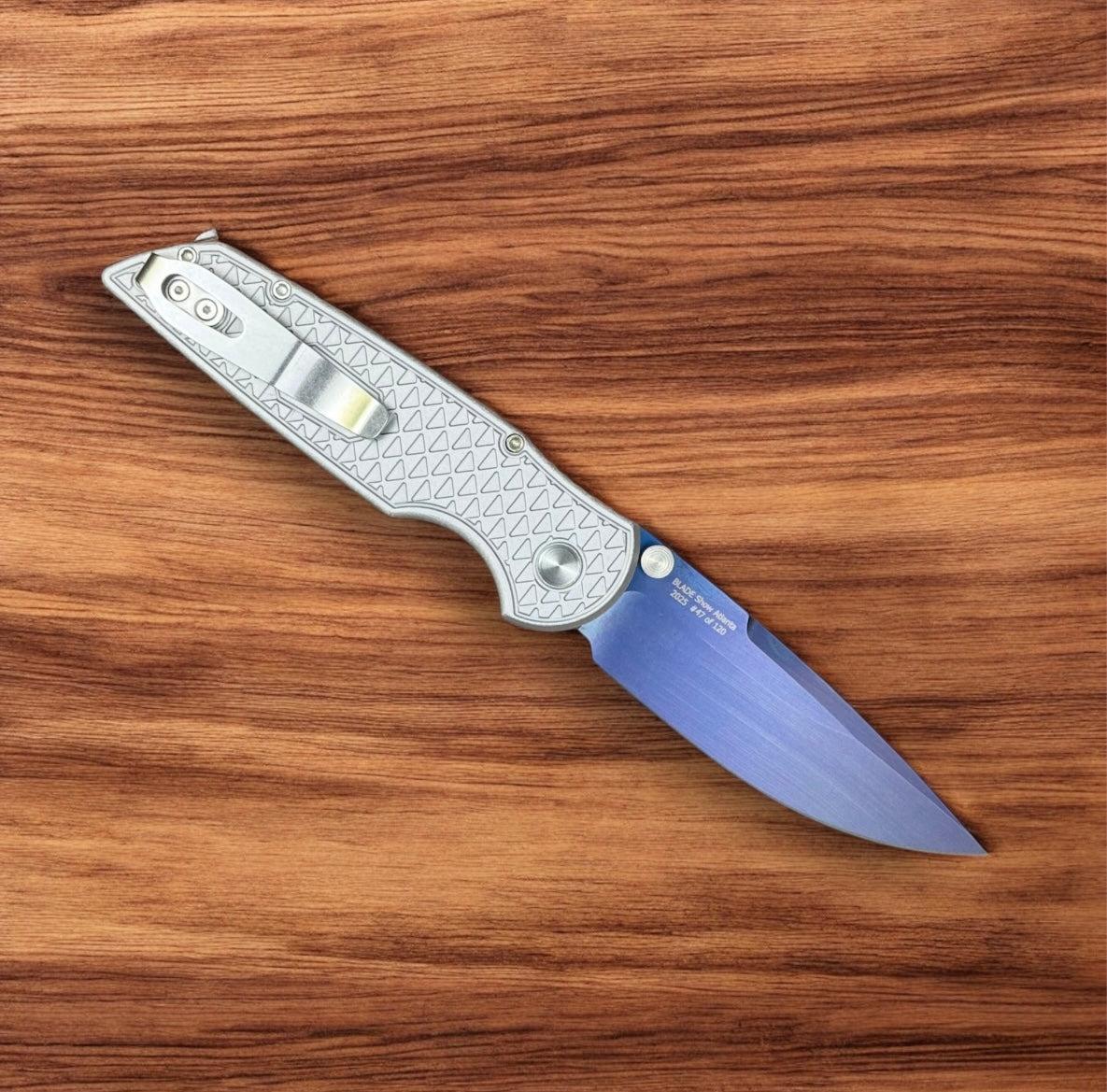 Pro-Tech-Pro-Tech BSA25.INT.1 TR-3 INTEGRITY Manual - Relic Textured Battle Worn Grey Handle - Sapphire Blue s35vn Blade - Abalone Button /120-2-Urban Cutlery