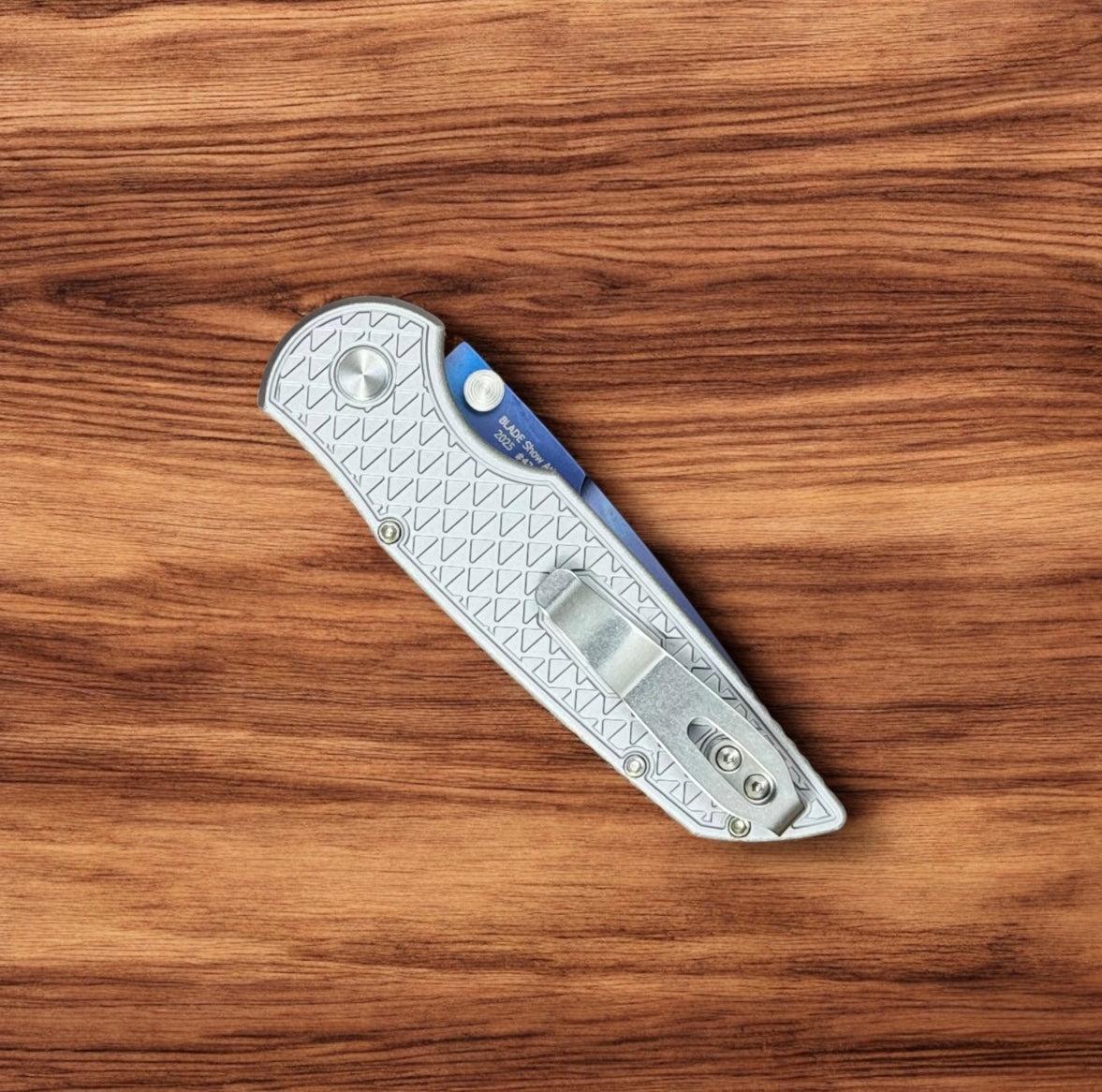 Pro-Tech-Pro-Tech BSA25.INT.1 TR-3 INTEGRITY Manual - Relic Textured Battle Worn Grey Handle - Sapphire Blue s35vn Blade - Abalone Button /120-4-Urban Cutlery