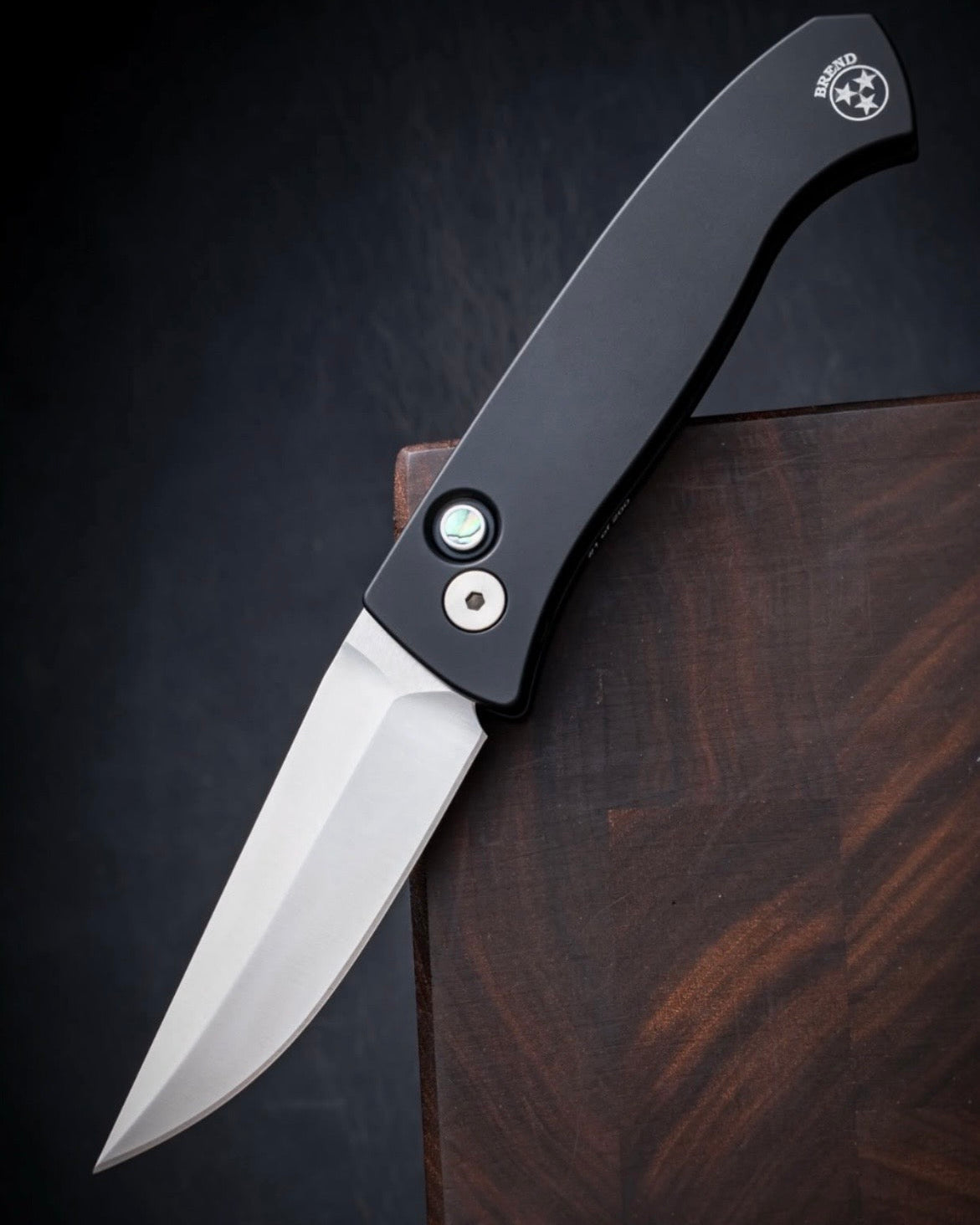 Pro-Tech-Pro-Tech BSA26.Brend.1 Brend Classic Auto - Solid Black Handles - Satin 154cm Blade - Abalone Button - Satin Hardware /200-1-Urban Cutlery