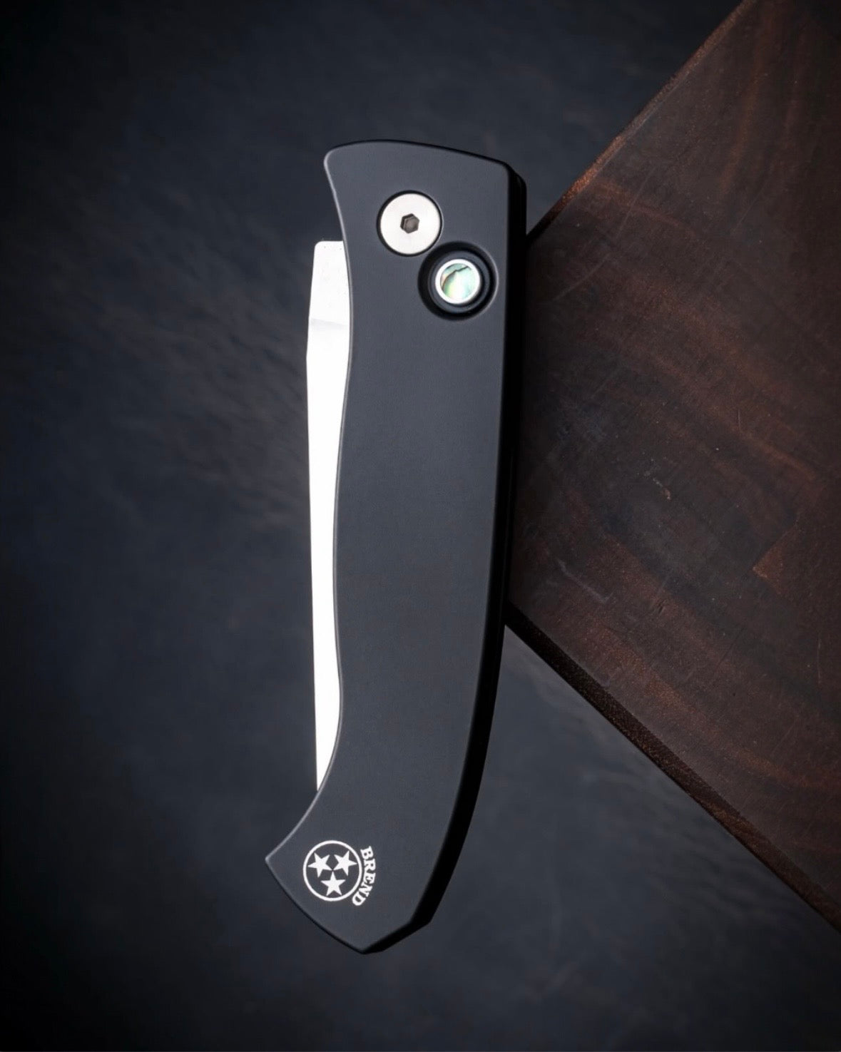 Pro-Tech-Pro-Tech BSA26.Brend.1 Brend Classic Auto - Solid Black Handles - Satin 154cm Blade - Abalone Button - Satin Hardware /200-2-Urban Cutlery
