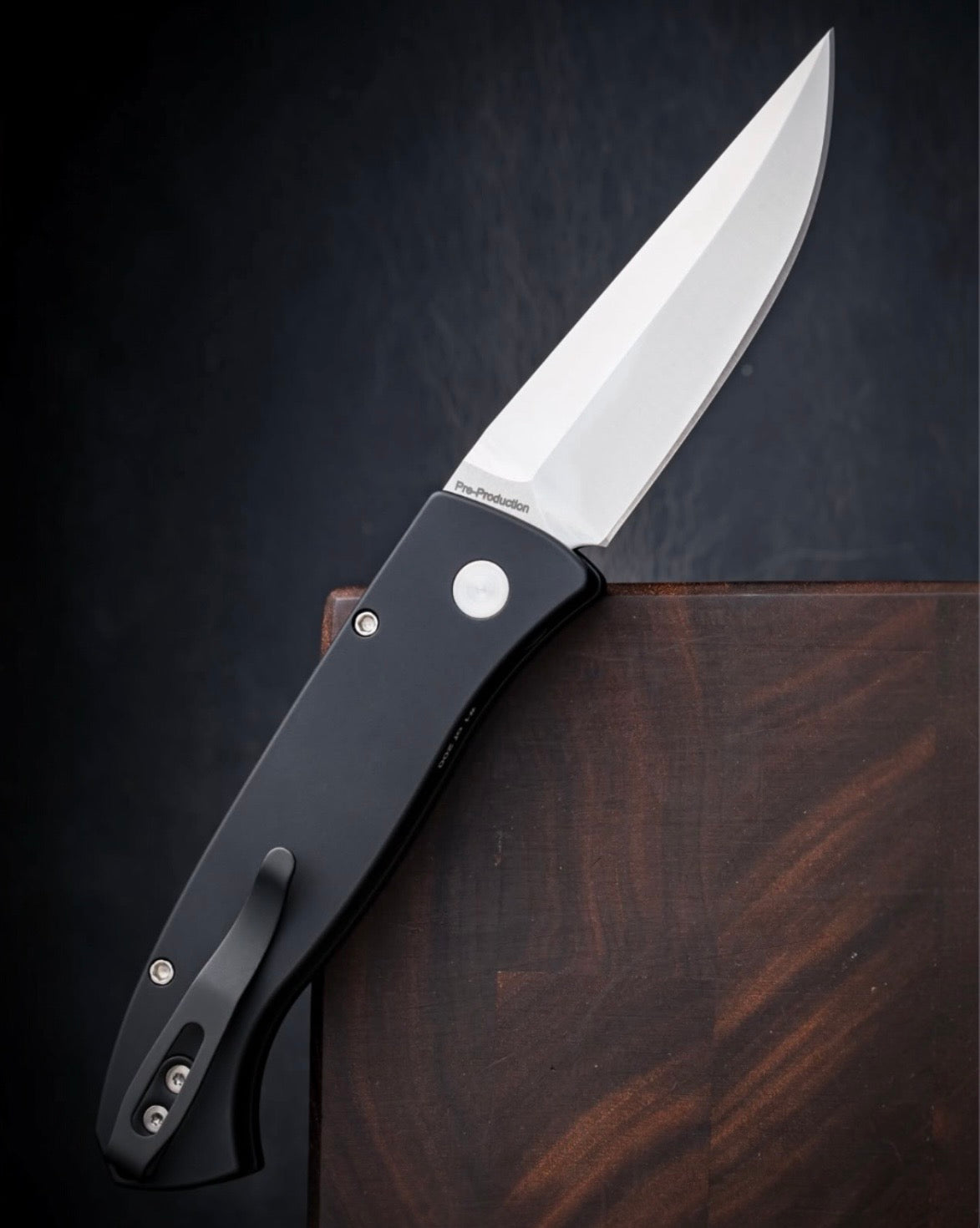 Pro-Tech-Pro-Tech BSA26.Brend.1 Brend Classic Auto - Solid Black Handles - Satin 154cm Blade - Abalone Button - Satin Hardware /200-3-Urban Cutlery