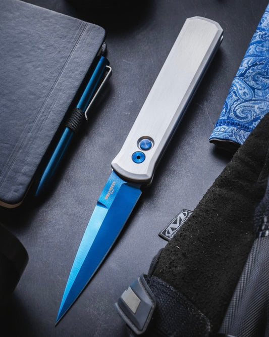 Pro-Tech-Pro-Tech BSA26.Godfather.2 Blade Show Atlanta 2026 Godfather AUTO - Satin Finished Silver Handles - Sapphire Blue PVD 154CM Blade - Sapphire Blue Hardware /175-1-Urban Cutlery