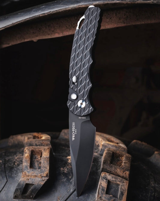 Pro-Tech-Pro-Tech BSA26.TR5.1 Blade Show Atlanta 26 Exclusive TR-5 AUTO - Black "Feather" Texture Handle - DLC Black S35 Blade - Black Lip Pearl Button - Secondary Slide Safety /125-1-Urban Cutlery