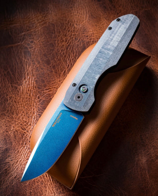 Pro-Tech-Pro-Tech BSA26.VERO.1 Vero Synapse 2 Auto - Black Aluminum and Blue Linen Micarta Handle - Sapphire Blue Magnacut Blade - Abalone Button - DLC Black Clip /75-1-Urban Cutlery