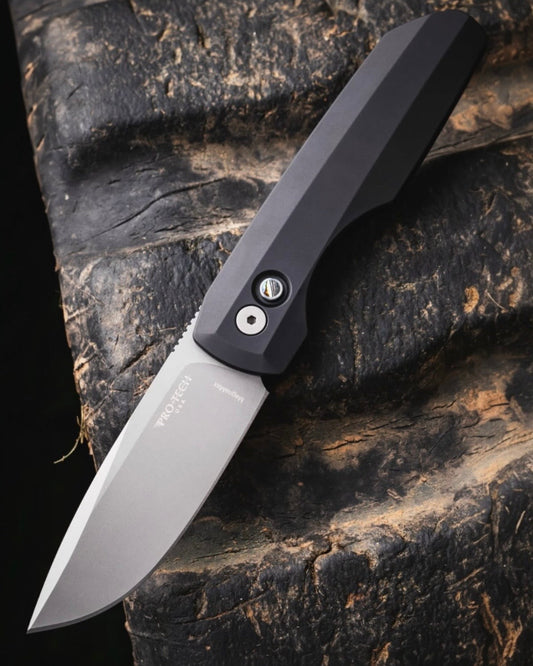 Pro-Tech-Pro-Tech BSA26.VERO.2 Vero Synapse 2 Auto - Black Solid Aluminum Handle - Blasted MAGNAMAX Blade - Abalone Button - Blasted Hardware - DLC Black Clip /200-1-Urban Cutlery