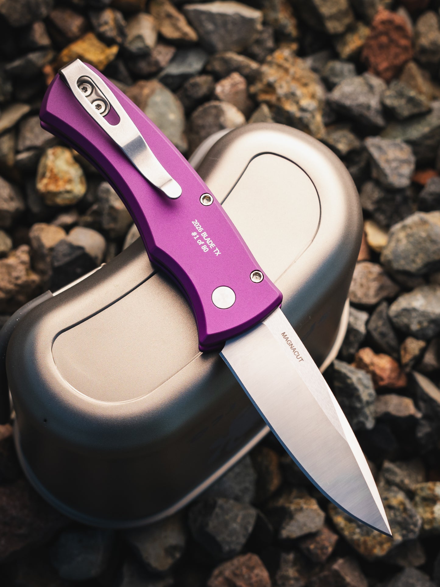 Pro-Tech-Pro-Tech BST26.Duke.1 Blade Show Texas 2026 Exclusive Duke AUTO - Purple 6061 Aluminum Handle - Machine Magnacut Blade - White Pearl Button /80-2-Urban Cutlery