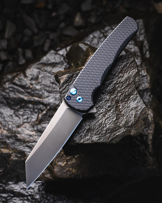 Pro-Tech-Pro-Tech BST26.Malibu.1 Blade Show Texas 2026 Exclusive Malibu - Black 7075 "Dragon Scale" Handle - Smoky Grey DLC Reverse Tanto Magnacut Blade - Sapphire Blue Hardware - Black Clip-1-Urban Cutlery