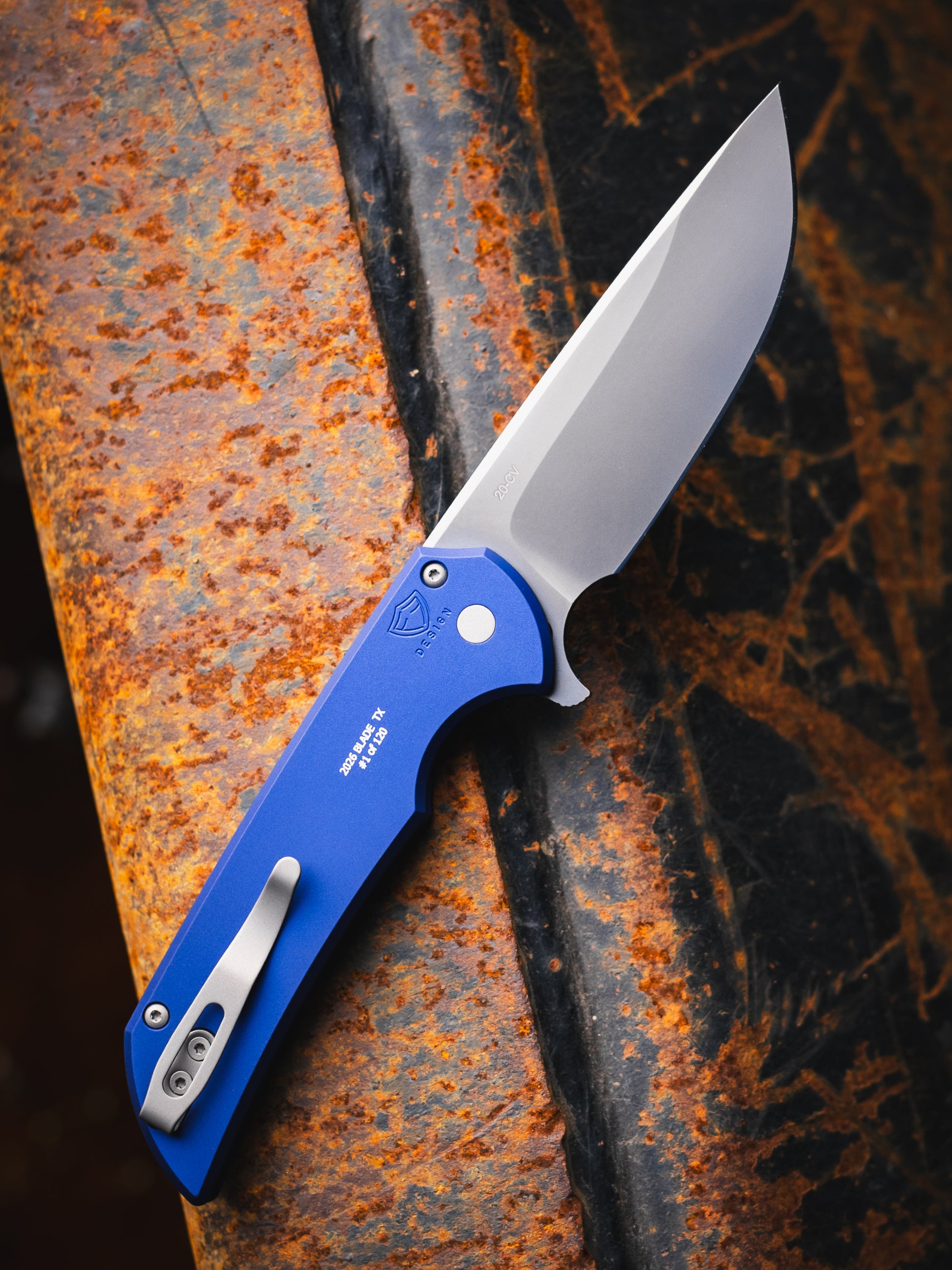 Pro-Tech-Pro-Tech BST26.Mordax.2 Blade Show Texas 2026 Exclusive Mordax - Solid Navy Handle - Smoky Grey DLC 20CV Blade - White Pearl Push Button - Blasted Clip /120-2-Urban Cutlery