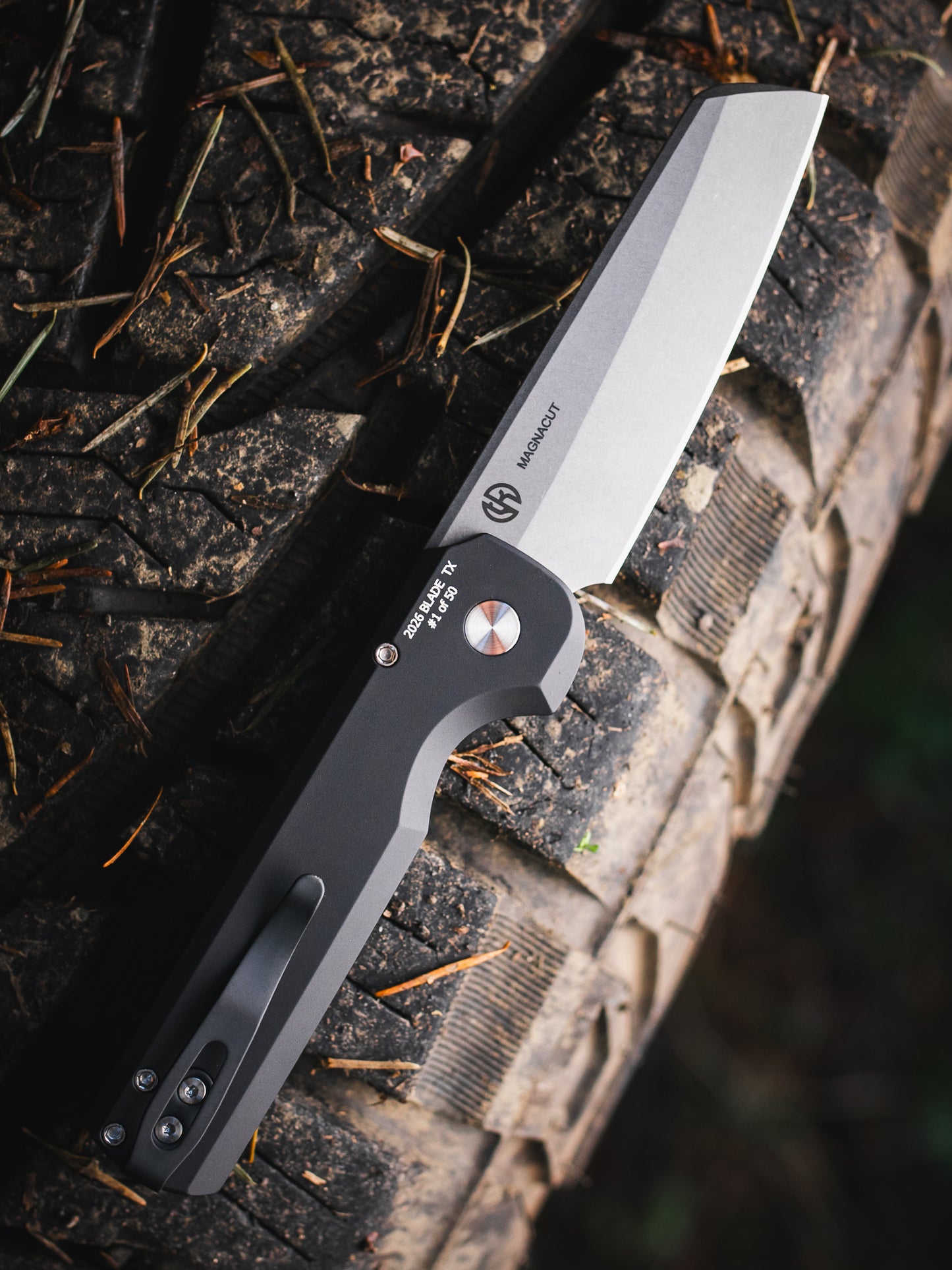 Pro-Tech-Pro-Tech BST26.Slimfoot.1 Blade Show Texas 2026 Exclusive Slimfoot AUTO - Black Handle - Stonewash Magnacut Blade - Mosaic Button - Satin Hardware /50-2-Urban Cutlery