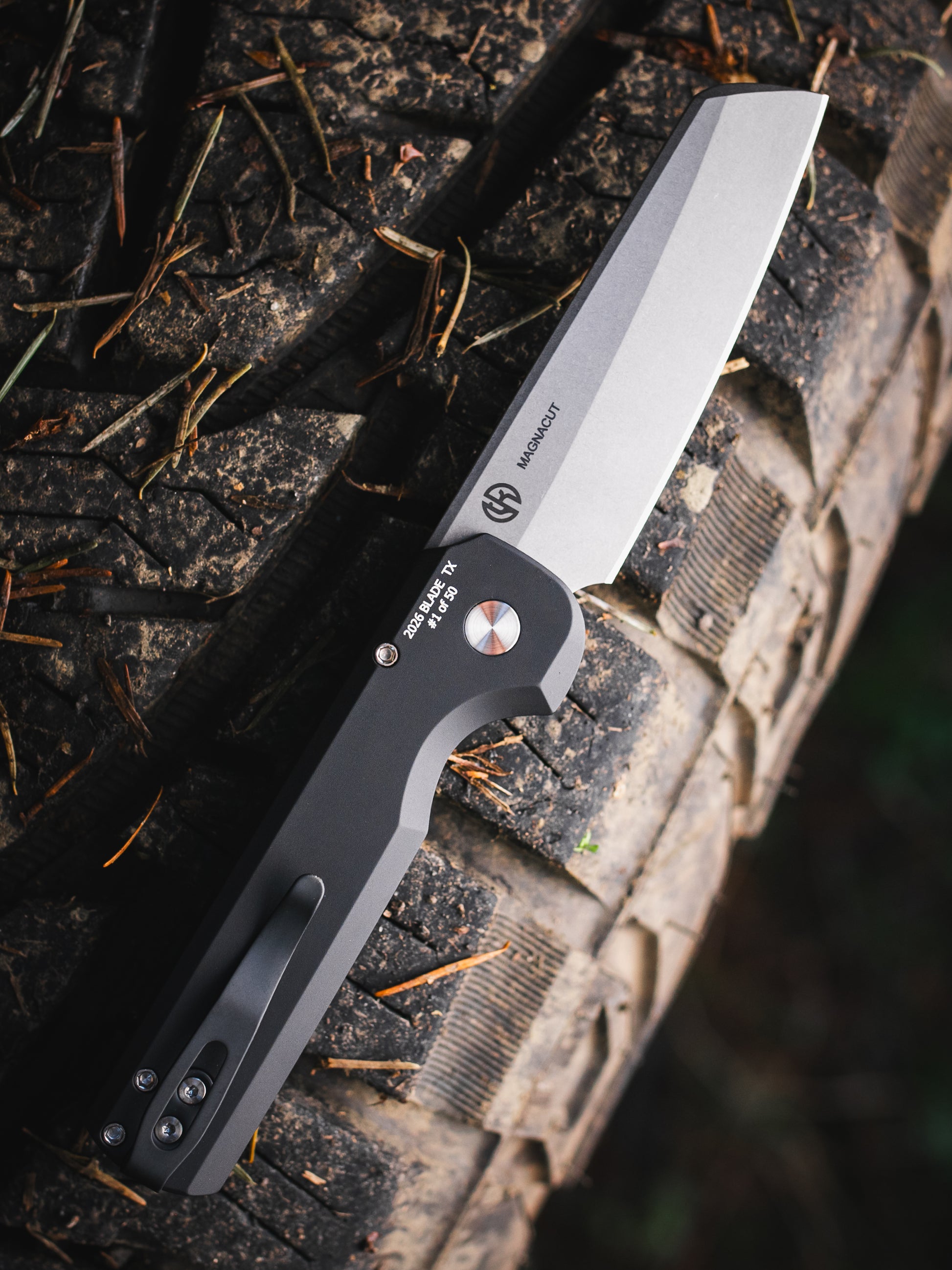 Pro-Tech-Pro-Tech BST26.Slimfoot.1 Blade Show Texas 2026 Exclusive Slimfoot AUTO - Black Handle - Stonewash Magnacut Blade - Mosaic Button - Satin Hardware /50-2-Urban Cutlery