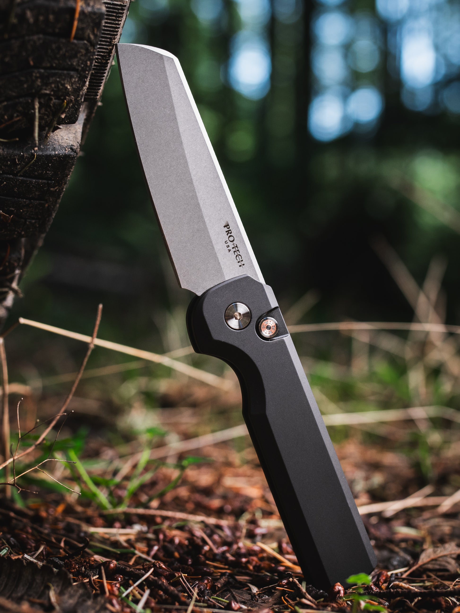 Pro-Tech-Pro-Tech BST26.Slimfoot.1 Blade Show Texas 2026 Exclusive Slimfoot AUTO - Black Handle - Stonewash Magnacut Blade - Mosaic Button - Satin Hardware /50-3-Urban Cutlery