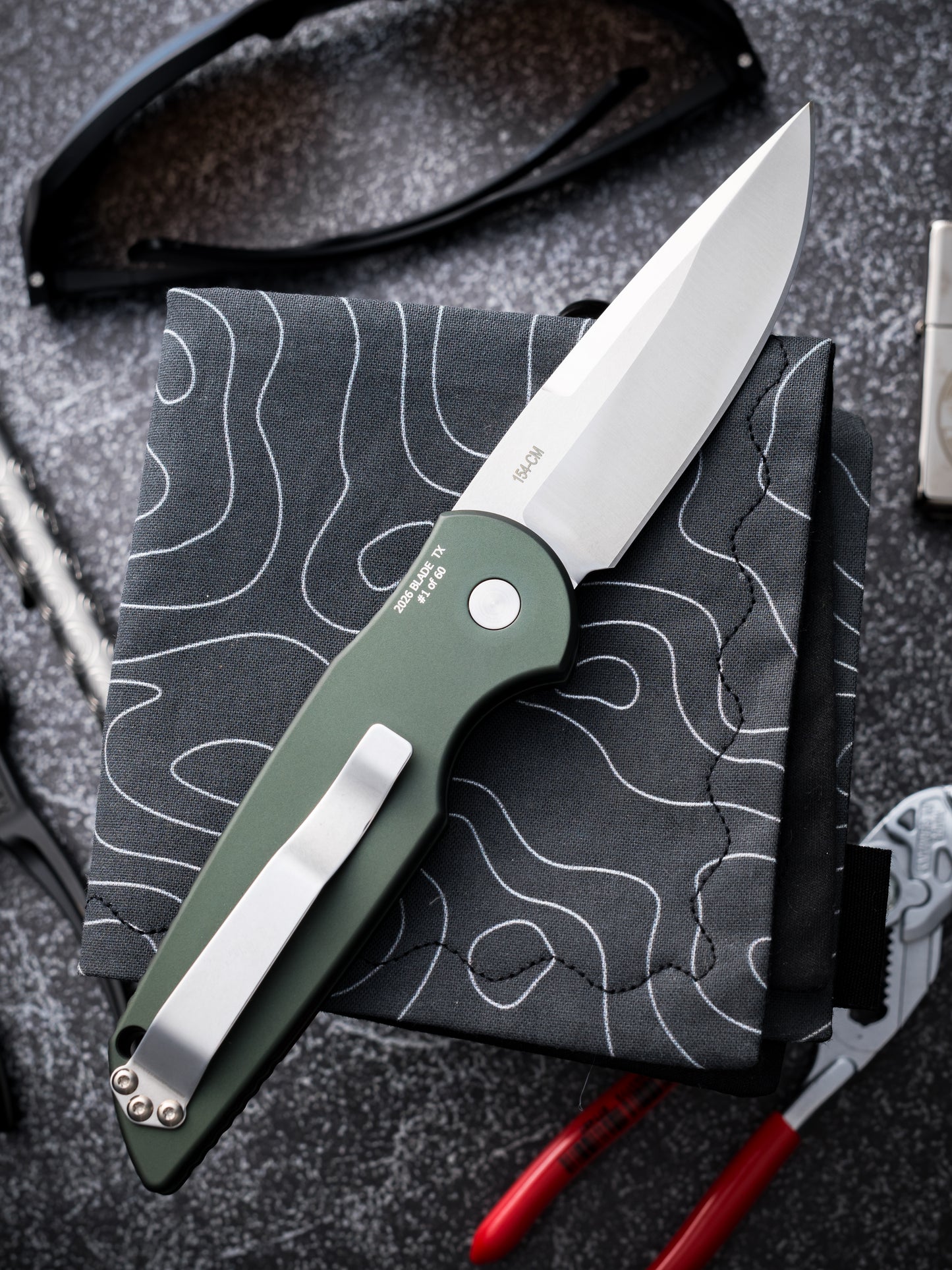 Pro-Tech-Pro-Tech BST26.TR3.2 Blade Show Texas 2026 Exclusive TR-3 Tactical Response AUTO - Green w/ Groove Texture Handle - Stonewash 154cm Blade - Mosaic Button - Satin Hardware /60-2-Urban Cutlery