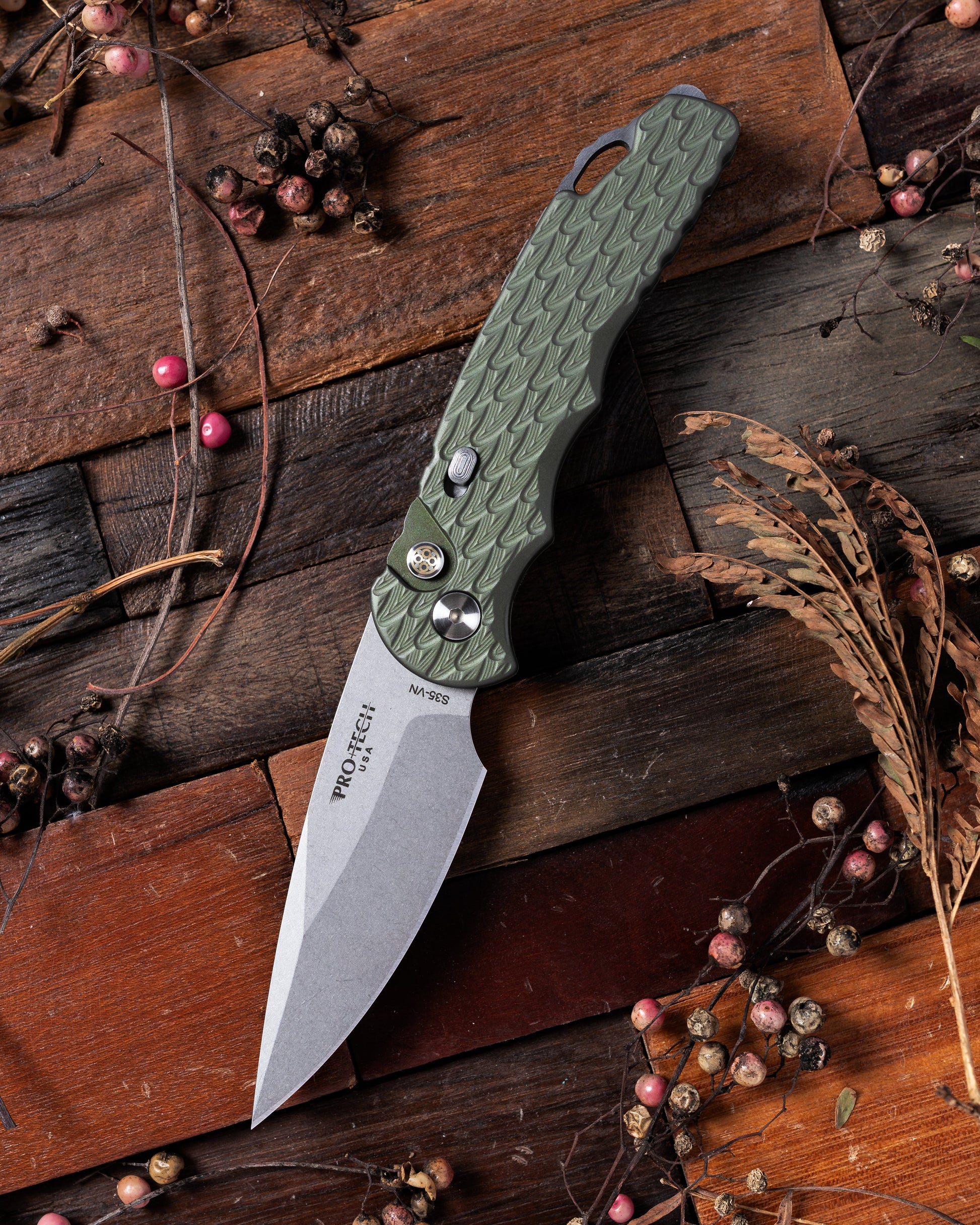 Pro-Tech-Pro-Tech BST26.TR5.1 Blade Show Texas 26 Exclusive TR-5 AUTO - Green "Feather" Texture Handle - Stonewash S35 Blade - Mosaic Pin Button - Secondary Slide Safety /100-1-Urban Cutlery