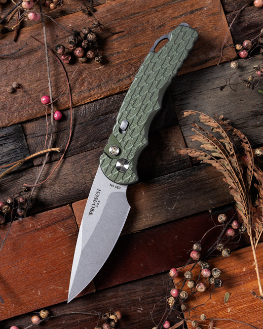 Pro-Tech-Pro-Tech BST26.TR5.1 Blade Show Texas 26 Exclusive TR-5 AUTO - Green "Feather" Texture Handle - Stonewash S35 Blade - Mosaic Pin Button - Secondary Slide Safety /100-1-Urban Cutlery