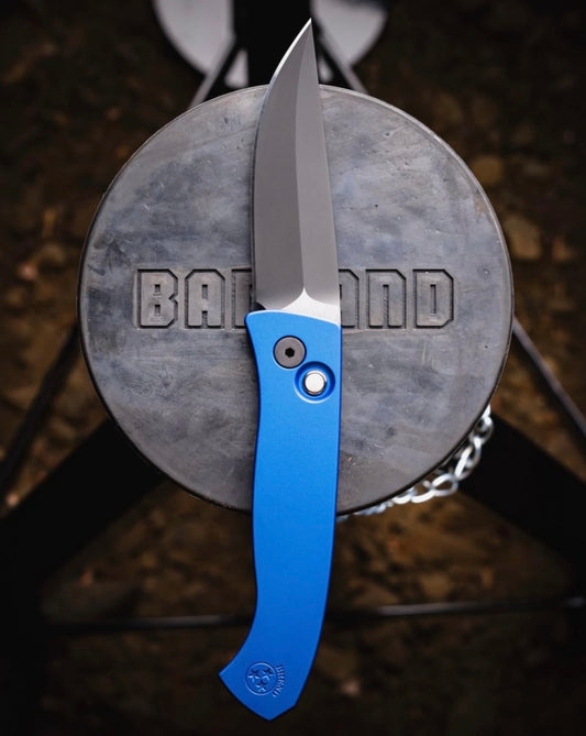 Pro-Tech-Pro-Tech BSW26.Brend.1 Blade Show West 2026 Exclusive Brend Classic Auto - Solid Blue Handles - 2-Tone DLC Black w/ Satin Flats Magnacut Blade - Black Lip Pearl Button - Black Hardware /90-1-Urban Cutlery