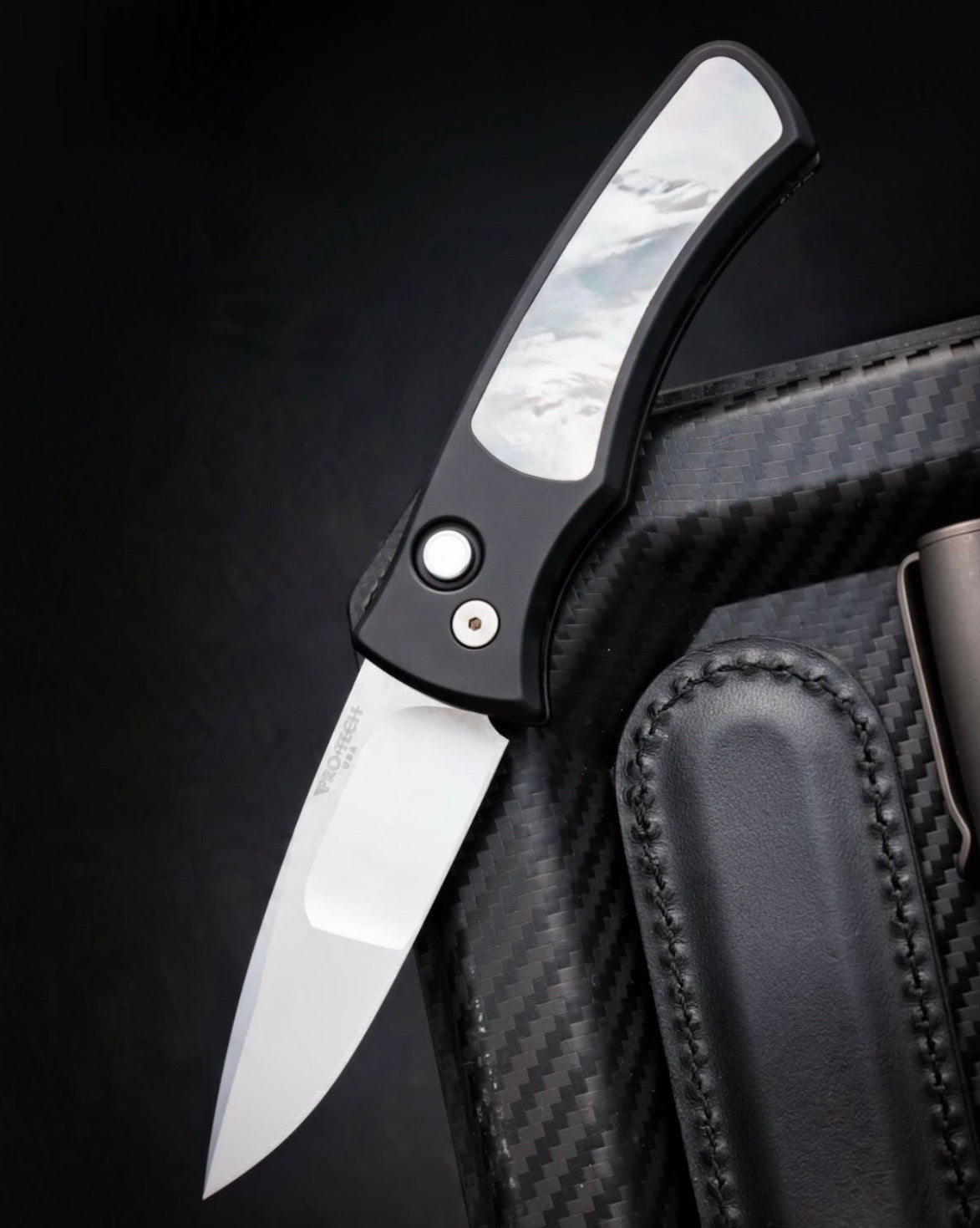 Pro-Tech-Pro-Tech BSW26.Duke.1 Blade Show West 2026 Exclusive Duke AUTO - Black Handle w/ White Pearl Inlay - Mike Irie Compound Mirror Polished Blade - White Pearl Button /80-1-Urban Cutlery