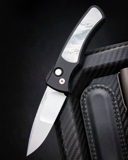 Pro-Tech-Pro-Tech BSW26.Duke.1 Blade Show West 2026 Exclusive Duke AUTO - Black Handle w/ White Pearl Inlay - Mike Irie Compound Mirror Polished Blade - White Pearl Button /80-1-Urban Cutlery