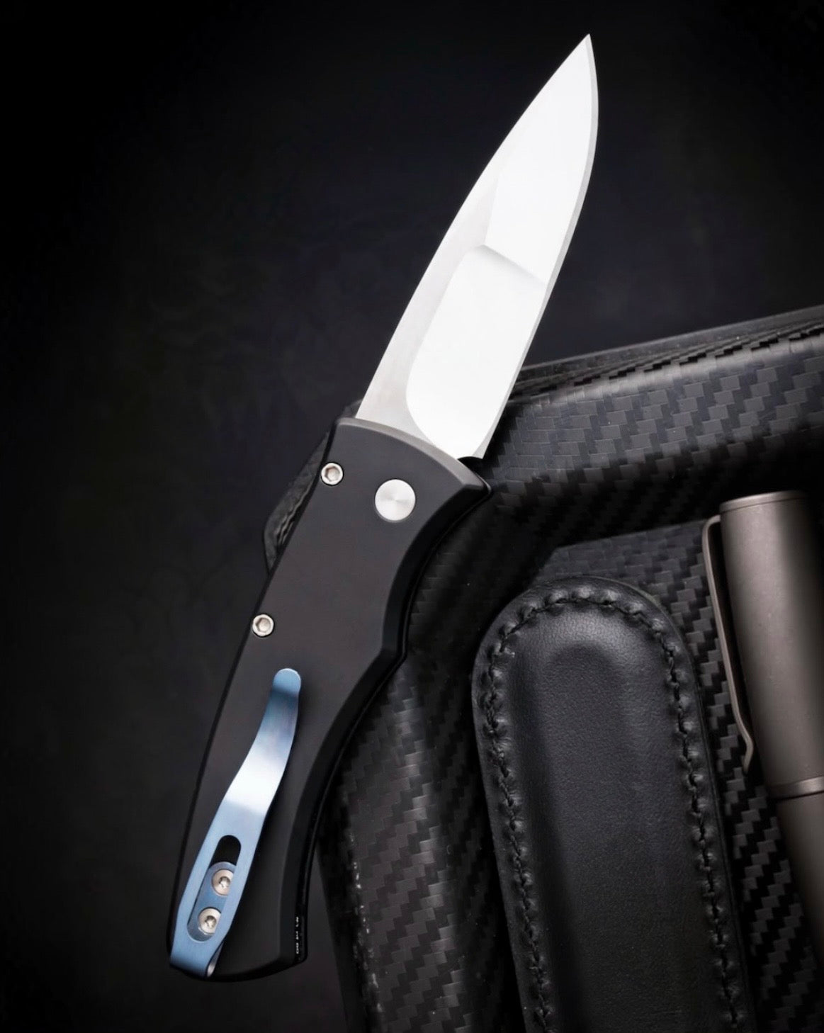 Pro-Tech-Pro-Tech BSW26.Duke.1 Blade Show West 2026 Exclusive Duke AUTO - Black Handle w/ White Pearl Inlay - Mike Irie Compound Mirror Polished Blade - White Pearl Button /80-3-Urban Cutlery