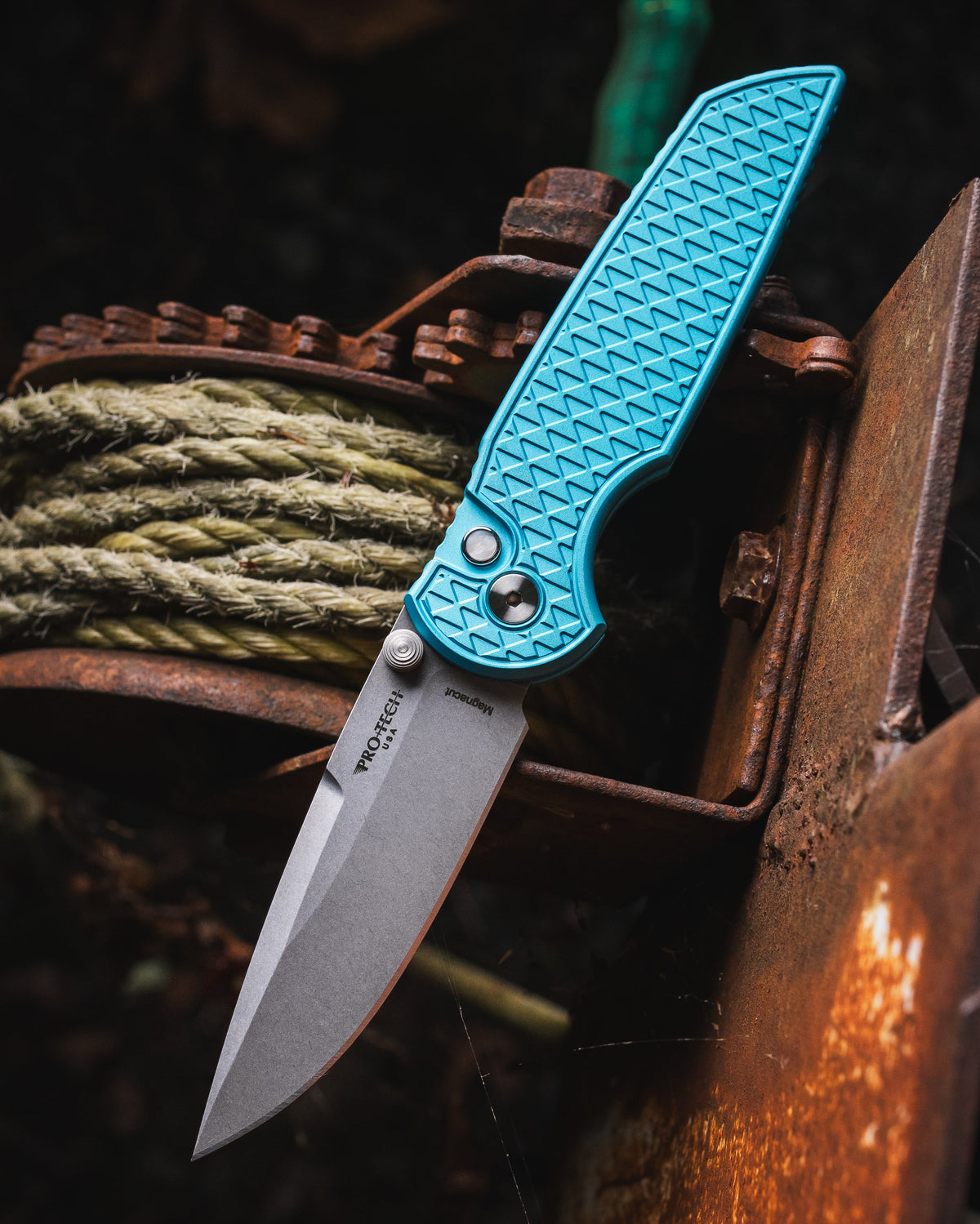Pro-Tech-Pro-Tech BSW26.INT.1 Blade Show West 2026 Exclusive TR-3 INTEGRITY Manual - Relic Textured Tiffany Blue Handle - Stonewash MAGNACUT Blade - White Pearl Button - Satin Hardware /150-1-Urban Cutlery