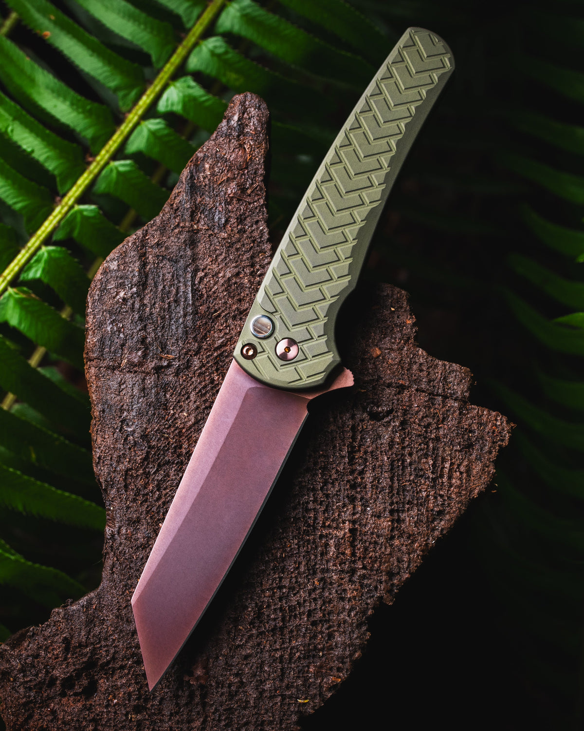 Pro-Tech-Pro-Tech BSW26.Malibu.1 Blade Show West Exclusive Malibu - Green "Tread" Handles - Copper Rose PVD Magnacut Reverse Tanto Blade - Black Lip Pearl Button - Copper Rose Hardware /100-1-Urban Cutlery