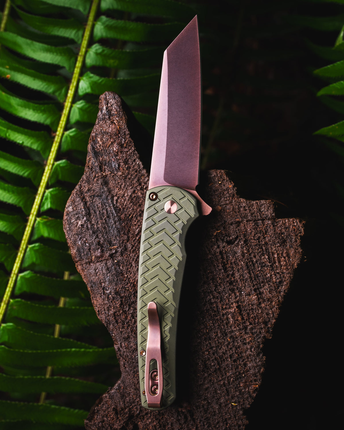 Pro-Tech-Pro-Tech BSW26.Malibu.1 Blade Show West Exclusive Malibu - Green "Tread" Handles - Copper Rose PVD Magnacut Reverse Tanto Blade - Black Lip Pearl Button - Copper Rose Hardware /100-2-Urban Cutlery