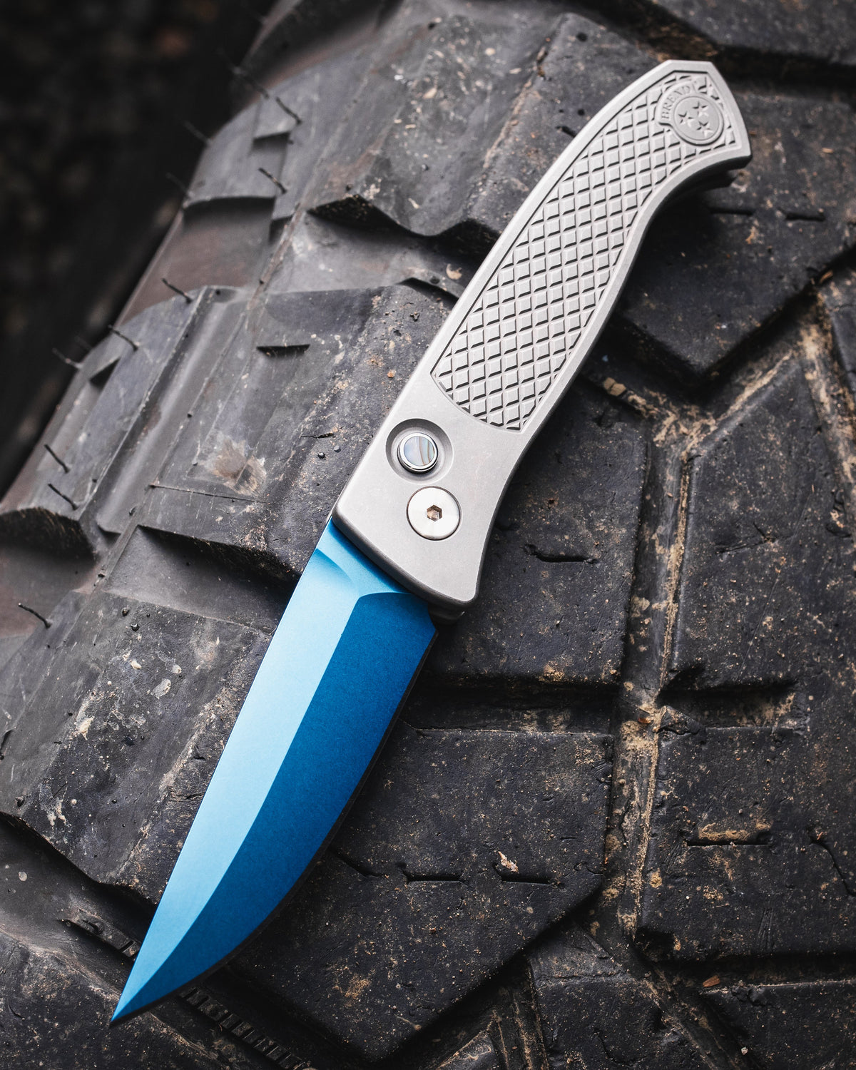 Pro-Tech-Pro-Tech Custom Brend Classic (2026 Brend Classic Custom 002) Blade Show West 2026 Exclusive Auto - Blasted & Tumbled 17-4 Steel Textured Handles - Sapphire Blue Magnacut Blade -Abalone Button - Polished Clip-1-Urban Cutlery