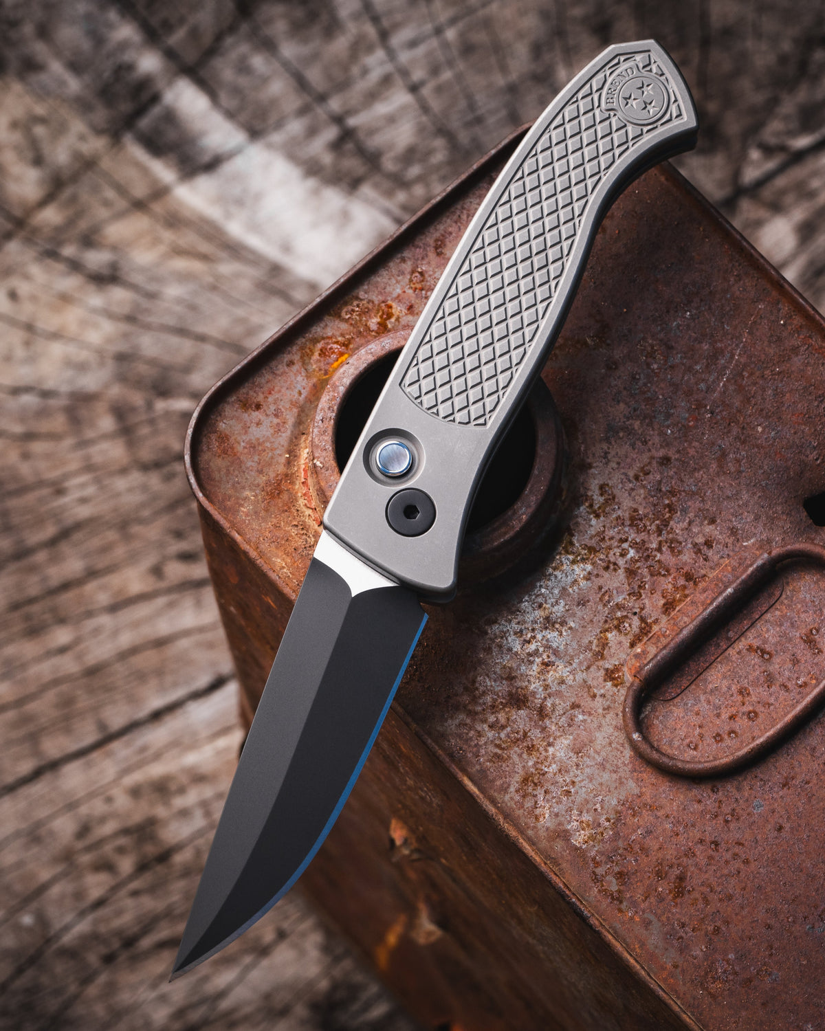 Pro-Tech-Pro-Tech Custom Brend Classic (2026 Brend Classic Custom 003) CCKS Fall 2026 Exclusive Auto - Blasted & Tumbled 17-4 Steel Textured Handles - 2-Tone DLC Black w/ Satin Flats Magnacut Blade - Black Lip Pearl Button - Black Clip /10-1-Urban Cutlery
