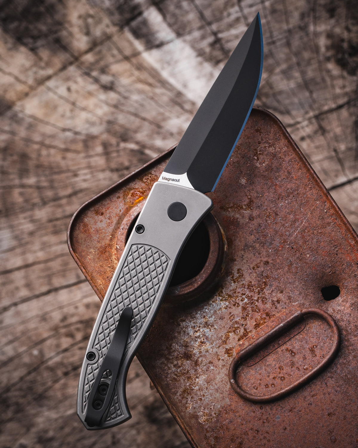 Pro-Tech-Pro-Tech Custom Brend Classic (2026 Brend Classic Custom 003) CCKS Fall 2026 Exclusive Auto - Blasted & Tumbled 17-4 Steel Textured Handles - 2-Tone DLC Black w/ Satin Flats Magnacut Blade - Black Lip Pearl Button - Black Clip /10-2-Urban Cutlery