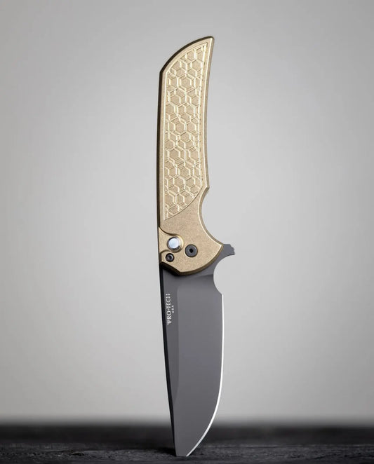 Pro-Tech-Pro-Tech Custom Bronze Mordax Blade Show Atlanta 2024 Exclusive - Solid Bronze "Gridlock" Handle - DLC Magnacut Blade - Black Lip Pearl Push Button - DLC Coated Mini Deep Carry Clip #49 of 150-1-Urban Cutlery