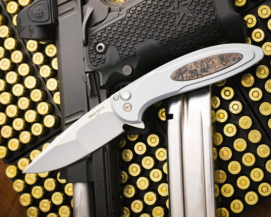 Pro-Tech-Pro-Tech Custom Cambria (2025 Cambria Custom 004) - Grey 6061 Aluminum Handles with TechnoCarbo Copper Inlay - Mike Irie Compound Ground Blade Blade - Black Lip Pearl Button - Satin Hardware /80-1-Urban Cutlery