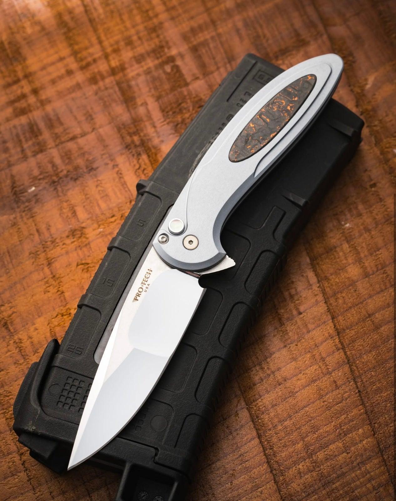 Pro-Tech-Pro-Tech Custom Cambria (2025 Cambria Custom 004) - Grey 6061 Aluminum Handles with TechnoCarbo Copper Inlay - Mike Irie Compound Ground Blade Blade - Black Lip Pearl Button - Satin Hardware /80-2-Urban Cutlery
