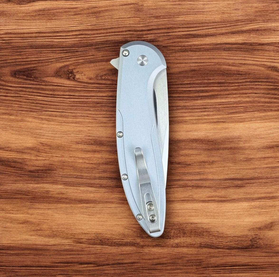 Pro-Tech-Pro-Tech Custom Cambria (2025 Cambria Custom 004) - Grey 6061 Aluminum Handles with TechnoCarbo Copper Inlay - Mike Irie Compound Ground Blade Blade - Black Lip Pearl Button - Satin Hardware /80-4-Urban Cutlery