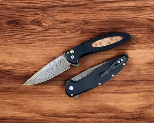 Pro-Tech-Pro-Tech Custom Cambria (2025 Cambria Custom 005) - Black 6061 Aluminum Handles with Custom Maple Burl Inlay - Chad Nichols Ladder Damascus Blade - Mosaic Push Button - Black DLC Titanium Clip /50-1-Urban Cutlery