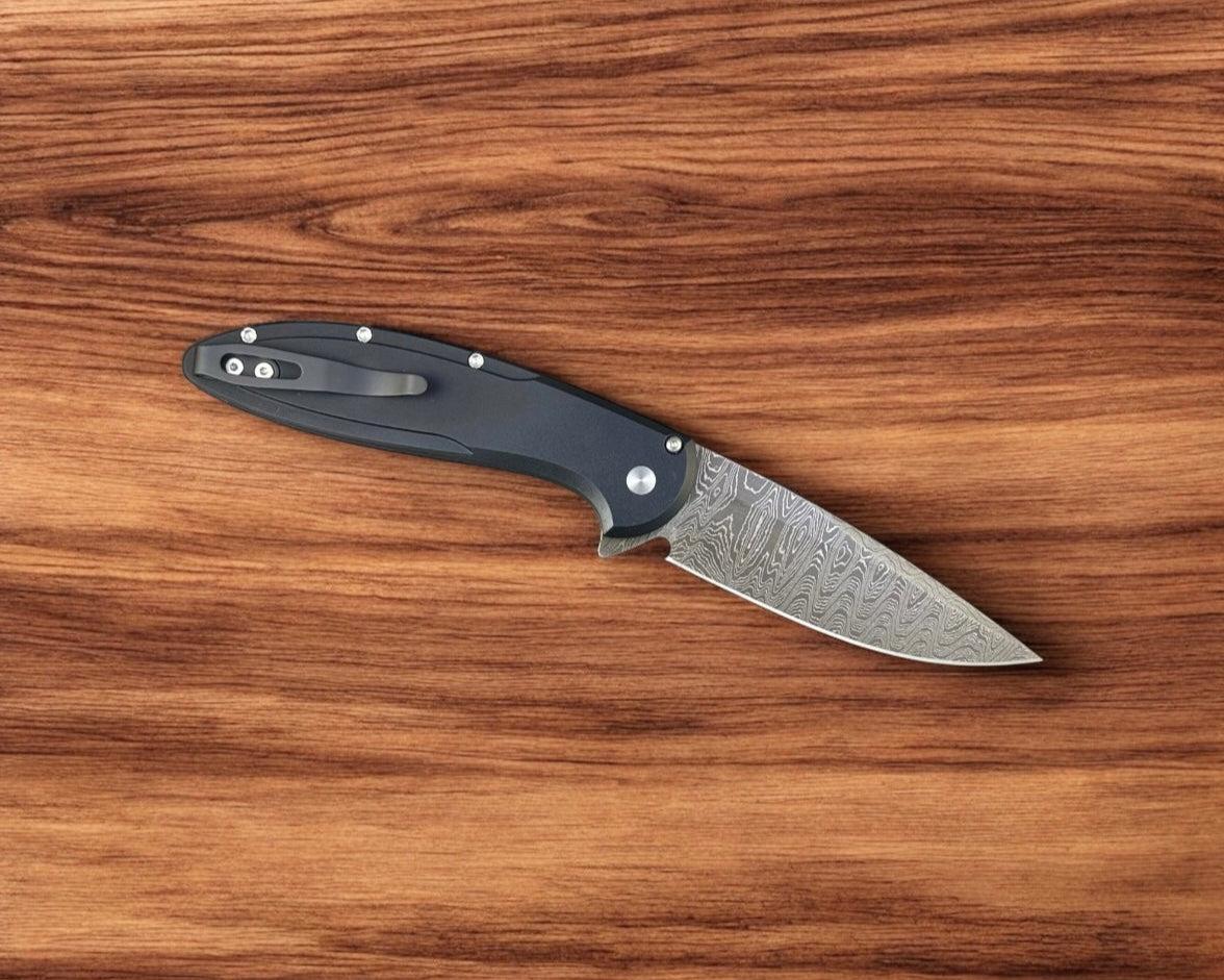 Pro-Tech-Pro-Tech Custom Cambria (2025 Cambria Custom 005) - Black 6061 Aluminum Handles with Custom Maple Burl Inlay - Chad Nichols Ladder Damascus Blade - Mosaic Push Button - Black DLC Titanium Clip /50-3-Urban Cutlery