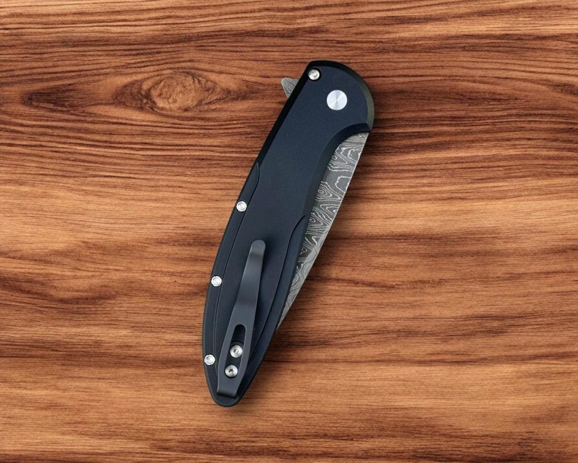 Pro-Tech-Pro-Tech Custom Cambria (2025 Cambria Custom 005) - Black 6061 Aluminum Handles with Custom Maple Burl Inlay - Chad Nichols Ladder Damascus Blade - Mosaic Push Button - Black DLC Titanium Clip /50-5-Urban Cutlery