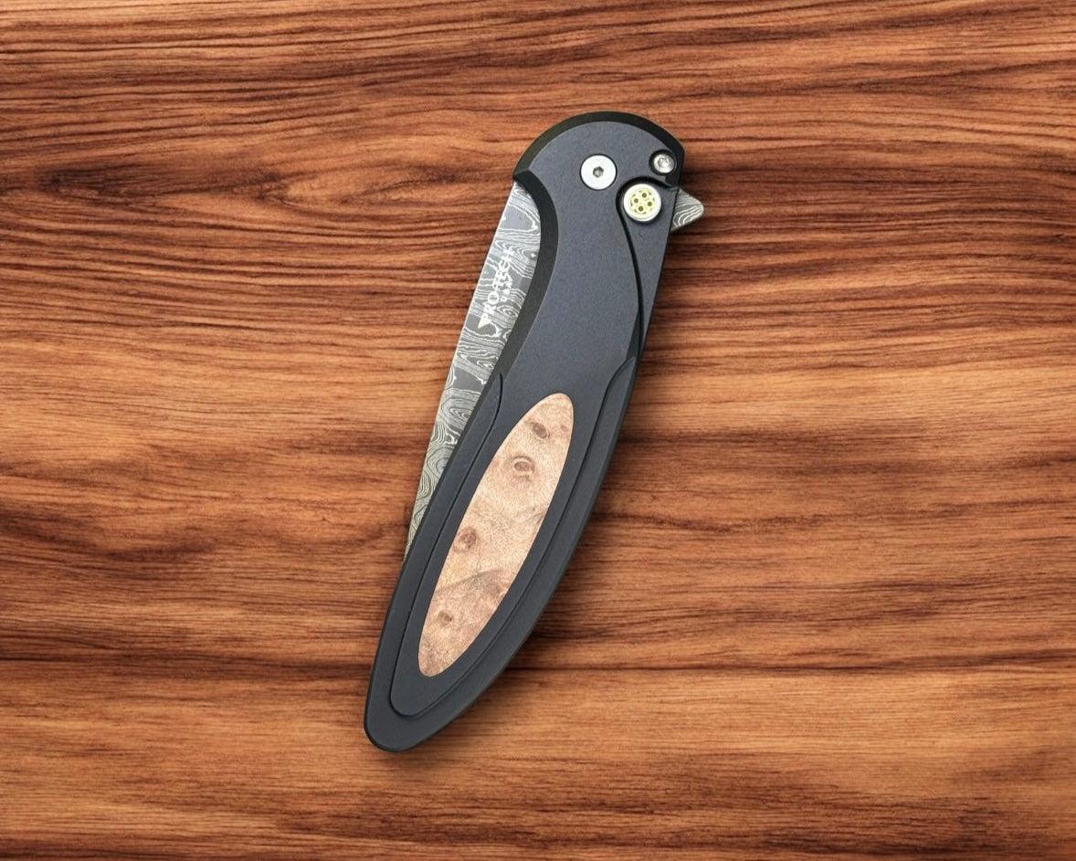 Pro-Tech-Pro-Tech Custom Cambria (2025 Cambria Custom 005) - Black 6061 Aluminum Handles with Custom Maple Burl Inlay - Chad Nichols Ladder Damascus Blade - Mosaic Push Button - Black DLC Titanium Clip /50-4-Urban Cutlery