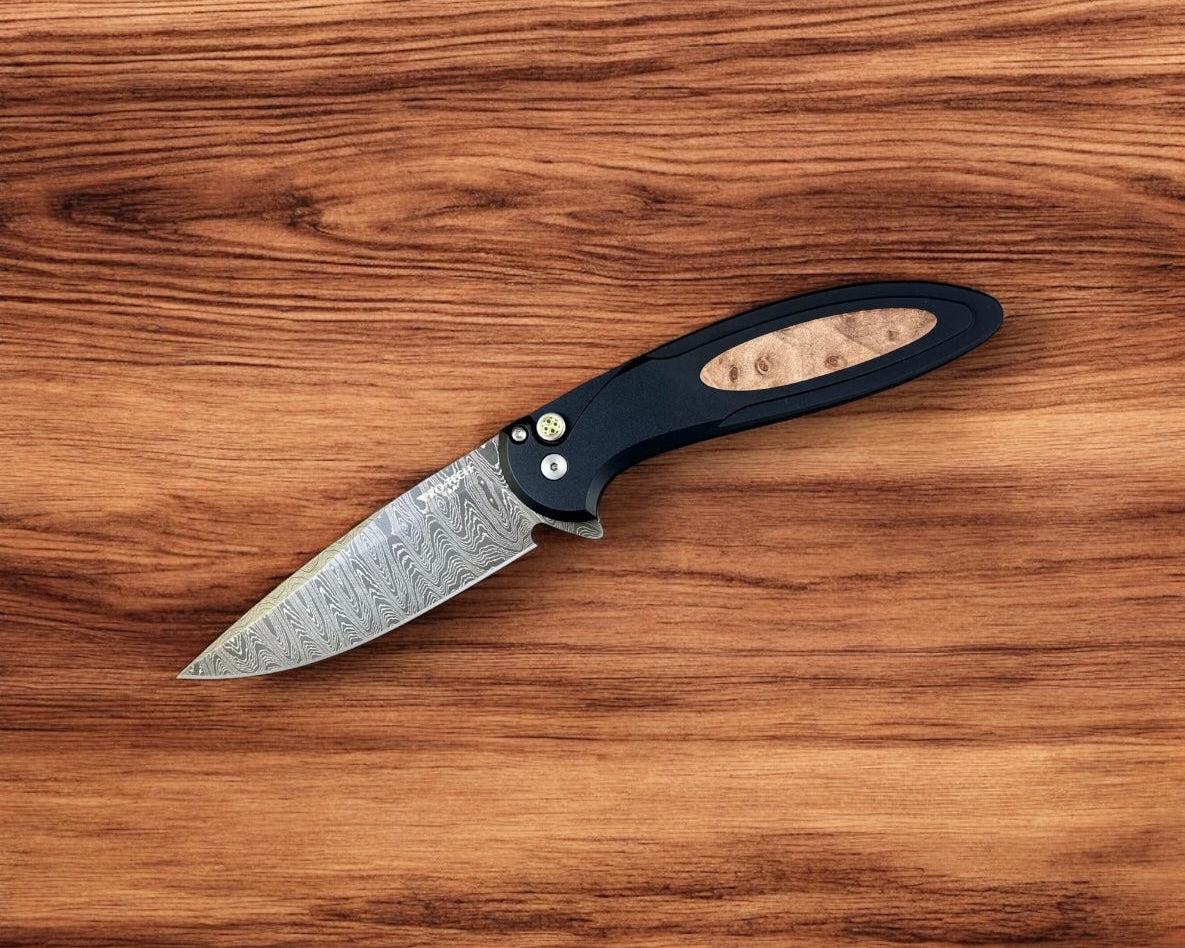 Pro-Tech-Pro-Tech Custom Cambria (2025 Cambria Custom 005) - Black 6061 Aluminum Handles with Custom Maple Burl Inlay - Chad Nichols Ladder Damascus Blade - Mosaic Push Button - Black DLC Titanium Clip /50-2-Urban Cutlery