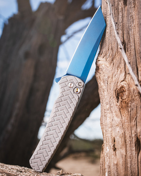 Pro-Tech-Pro-Tech Custom Malibu (2026 Malibu Custom 002) Blade Show Texas 2026 Exclusive Malibu - Stonewashed "Tread" Textured 17-4 Heat Treated Steel Handle - Sapphire Blue Magnacut Reverse Tanto Blade - Abalone Button - Satin Hardware /40-1-Urban Cutlery