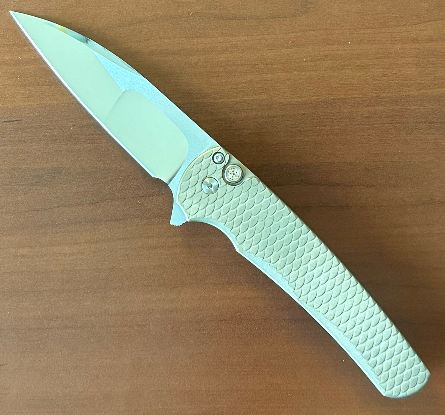Pro-Tech-Pro-Tech Custom Malibu Blade Show Atlanta 2024 Exclusive Malibu - Distressed A1Bronze "Dragon Scale" Handle - Mike Irie Compound Hand Ground Mirror Polish Wharncliffe Blade - Mosaic Pin Push Button - Blue Titanium Clip /40-2-Urban Cutlery