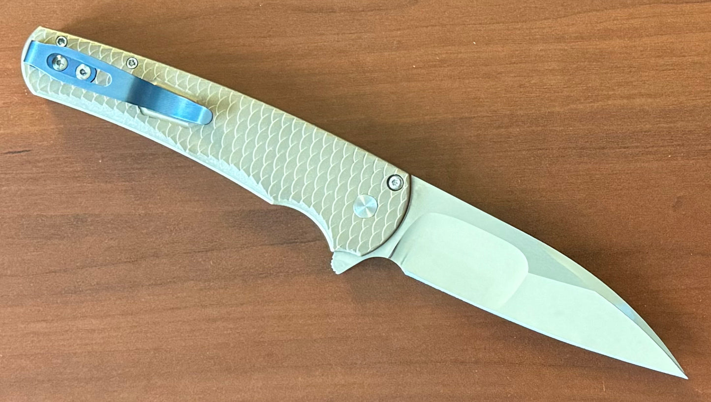 Pro-Tech-Pro-Tech Custom Malibu Blade Show Atlanta 2024 Exclusive Malibu - Distressed A1Bronze "Dragon Scale" Handle - Mike Irie Compound Hand Ground Mirror Polish Wharncliffe Blade - Mosaic Pin Push Button - Blue Titanium Clip /40-3-Urban Cutlery